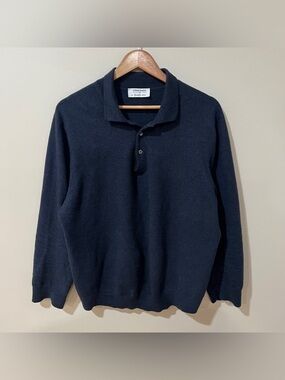 Gran Sasso Polo Sweater Mens Fits XL Blue Wool Quarter Button Pullover Italy